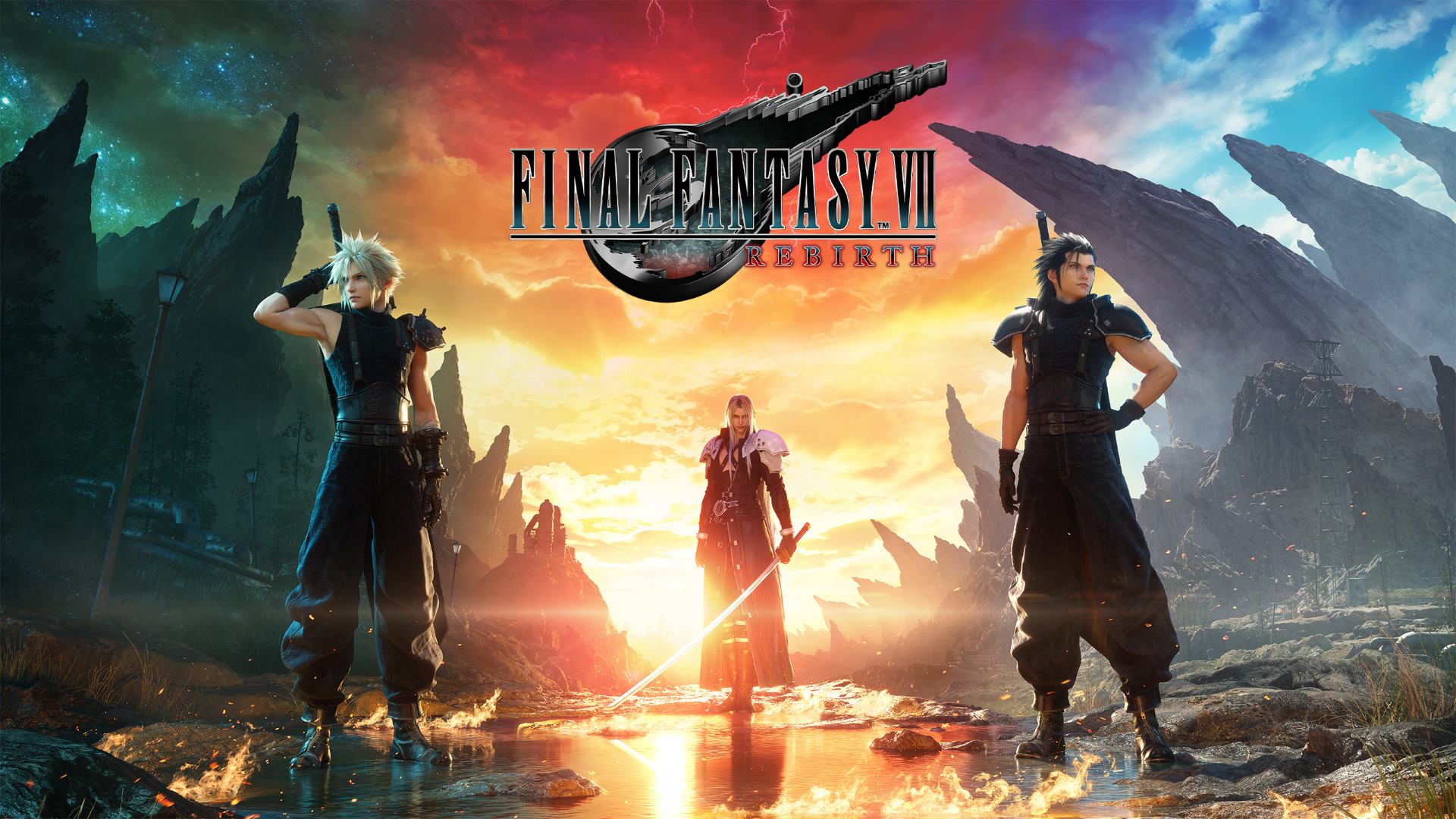 Key art of Final Fantasy VII Rebirth with Cloud Strife, Sephiroth, and Zack Fair as the main trio.