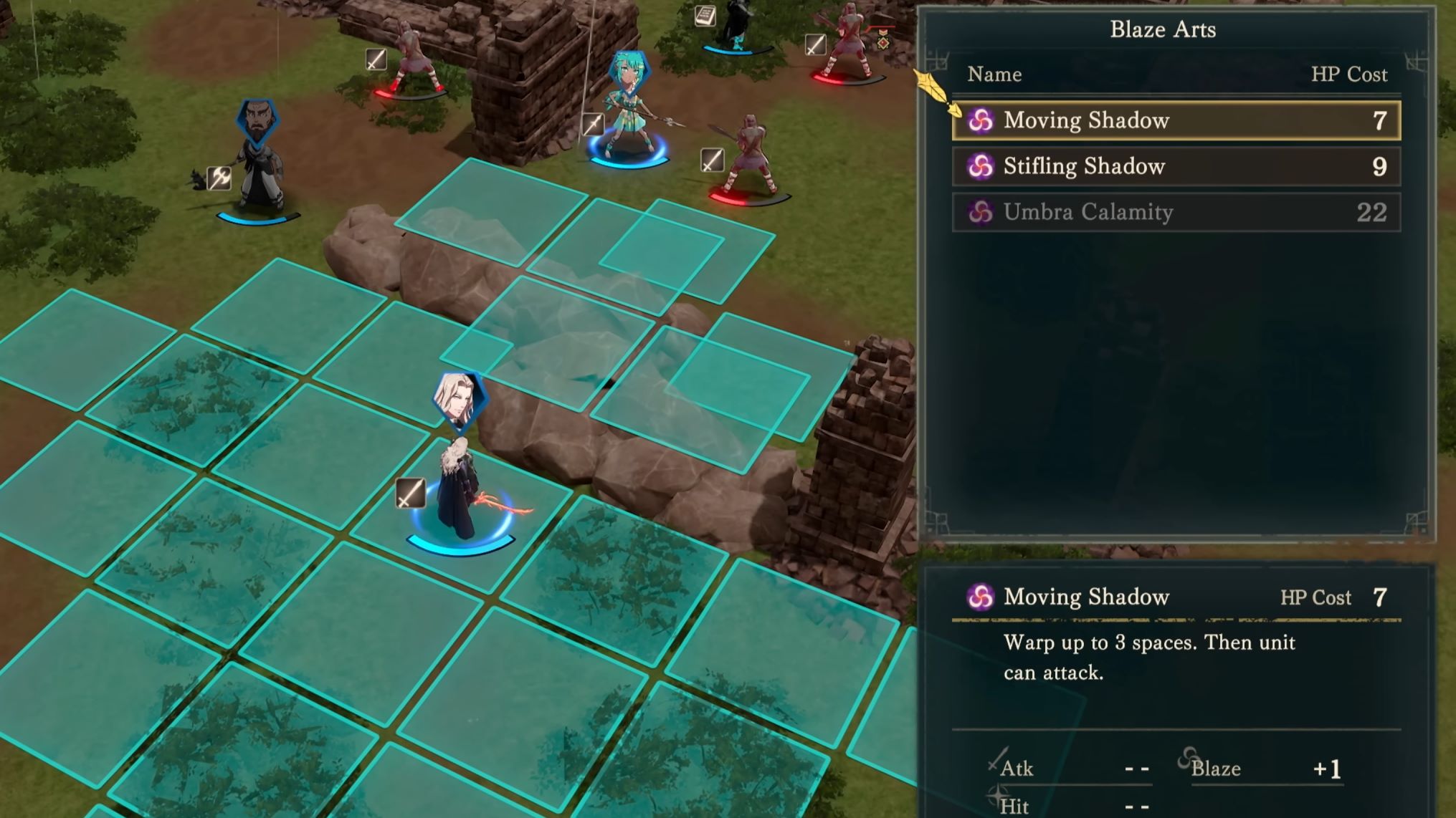 Dietrich using the Blaze Art, Moving Shadow, to get closer to enemies. Attacking is not required, but it is a follow-up that Dietrich can make to the Blaze Art.