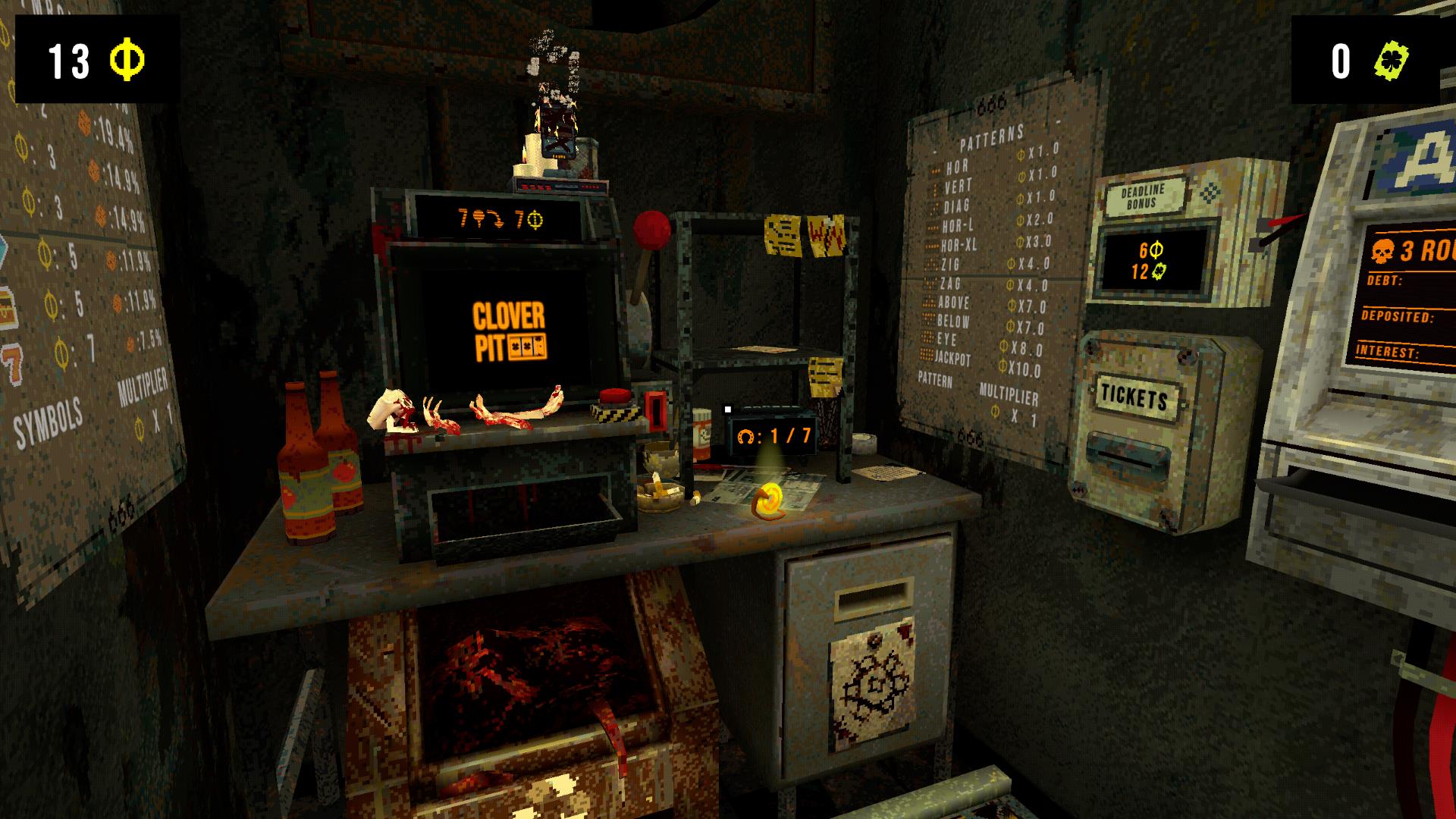 For how dark and grungy the room is, there's something comfy about the quirky, eerie environment of CloverPit.