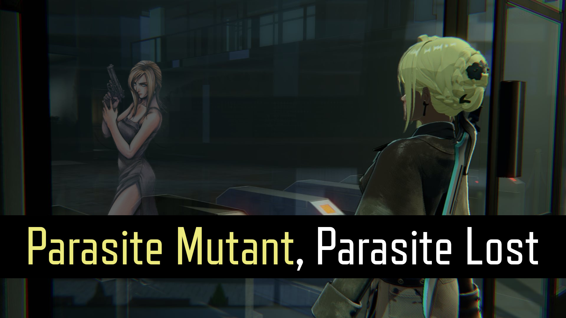 Nova, the main character of Parasite Mutant staring into a locked building that has an edited image of Aya Brea looking back at her.
