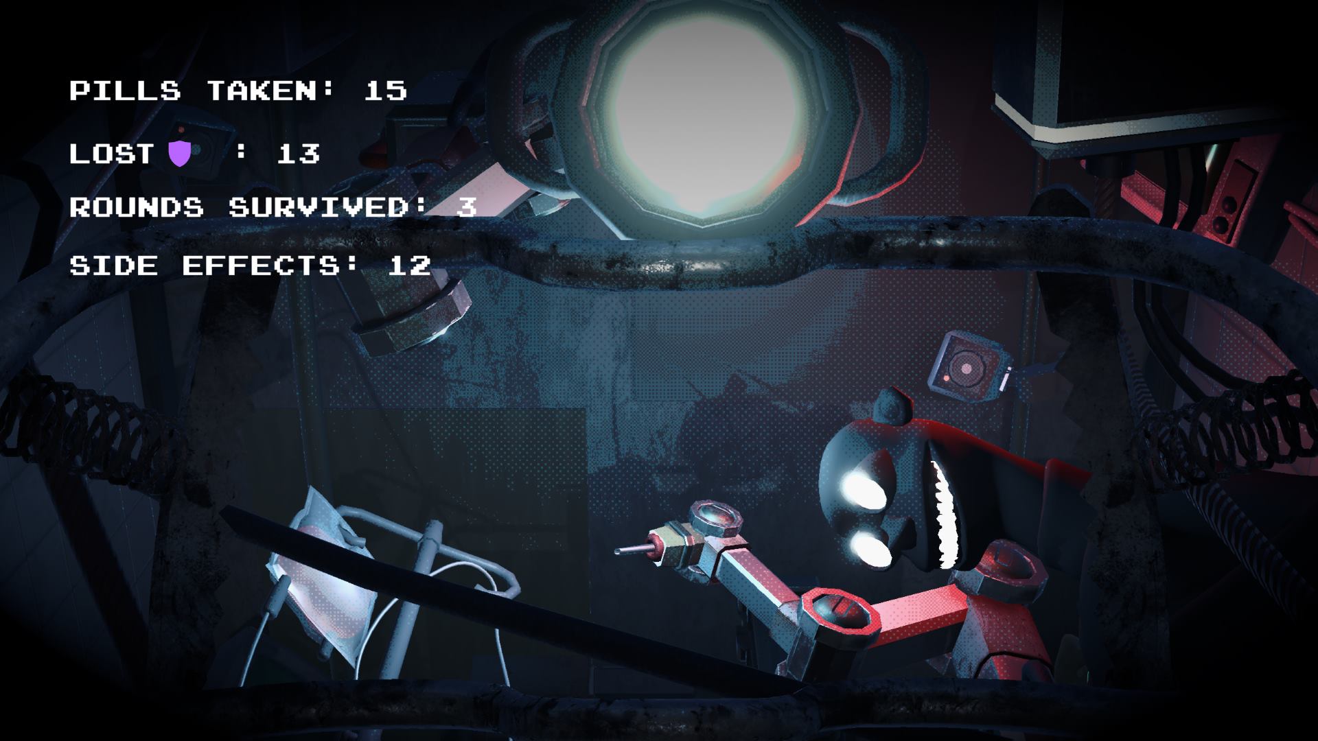 The end screen in Side Effects gives you data about your match. Lots of bad effects on this run.