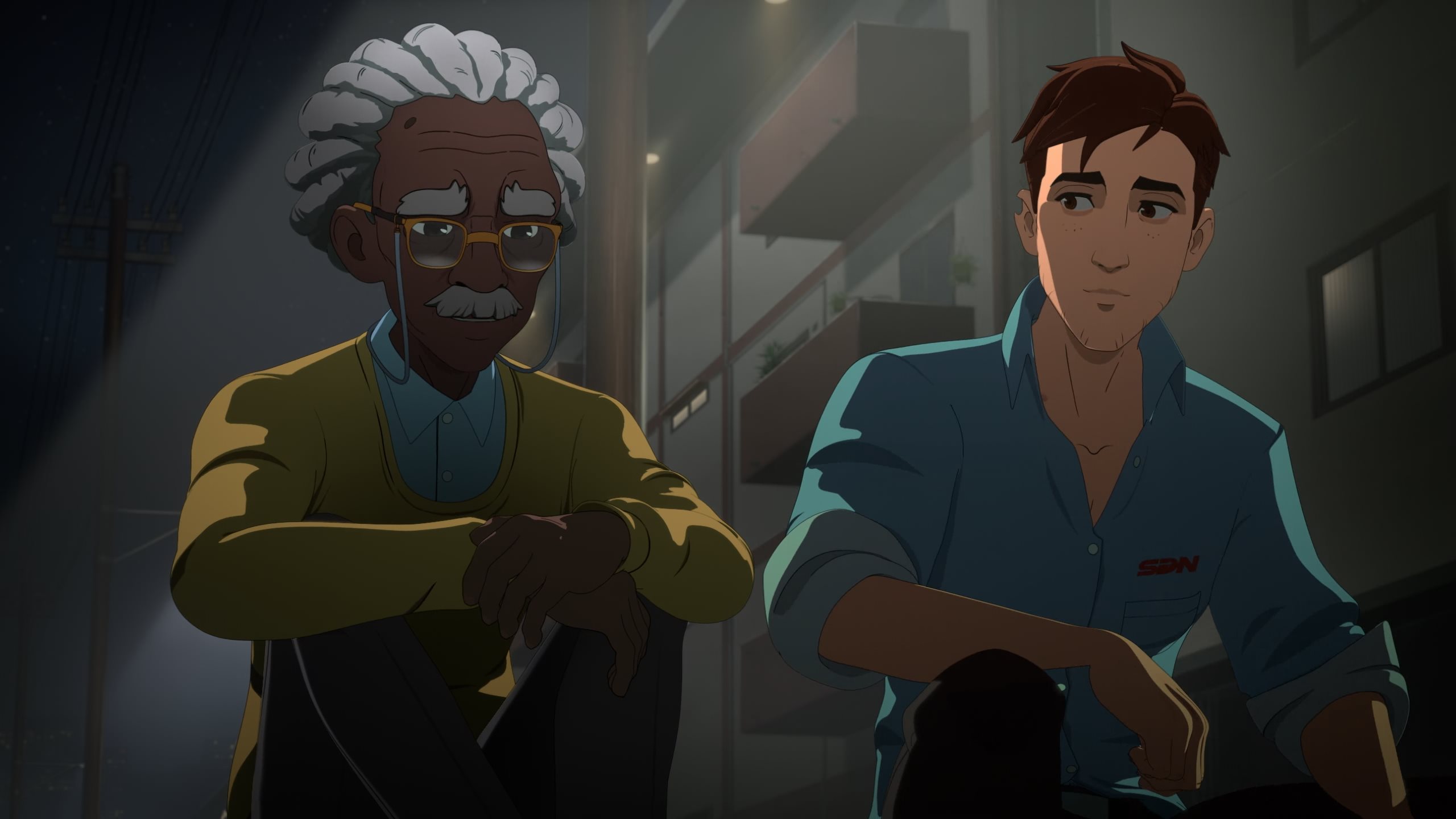 Chase having a heart-to-heart talk with Robert after crashing out on Invisigal.