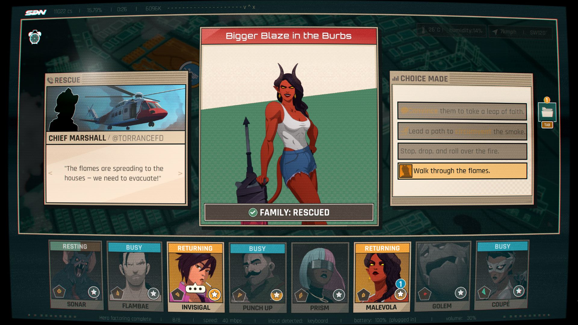 The gameplay in Dispatch has players assign heroes to different assignments. The perfect hero for a certain job will be able to clear it without trouble. Otherwise, it depends slightly on random chance.