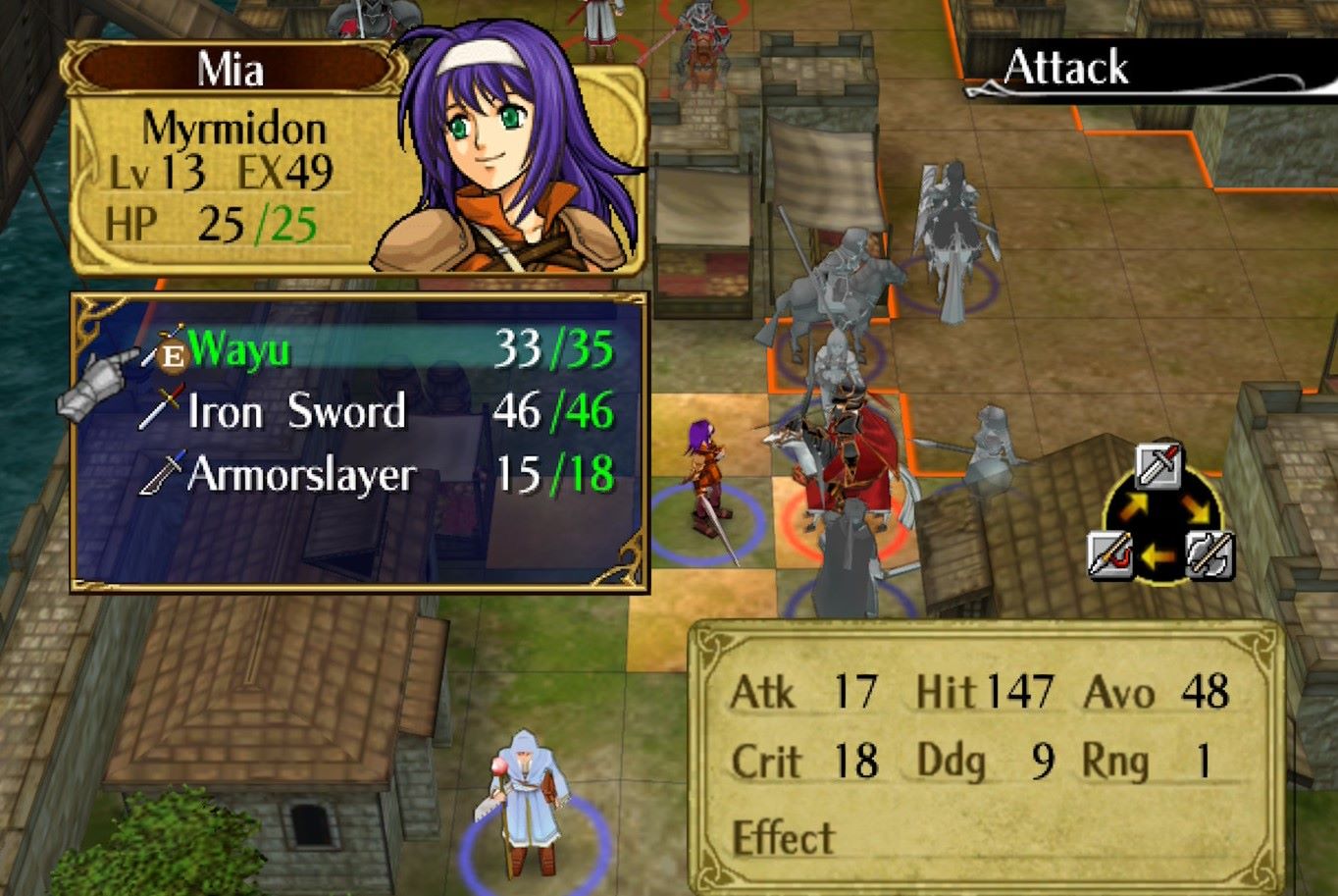 Mia (Fire Emblem: Path of Radiance) attacking one of the stronger units on the map that has been surrounded by the player’s units.