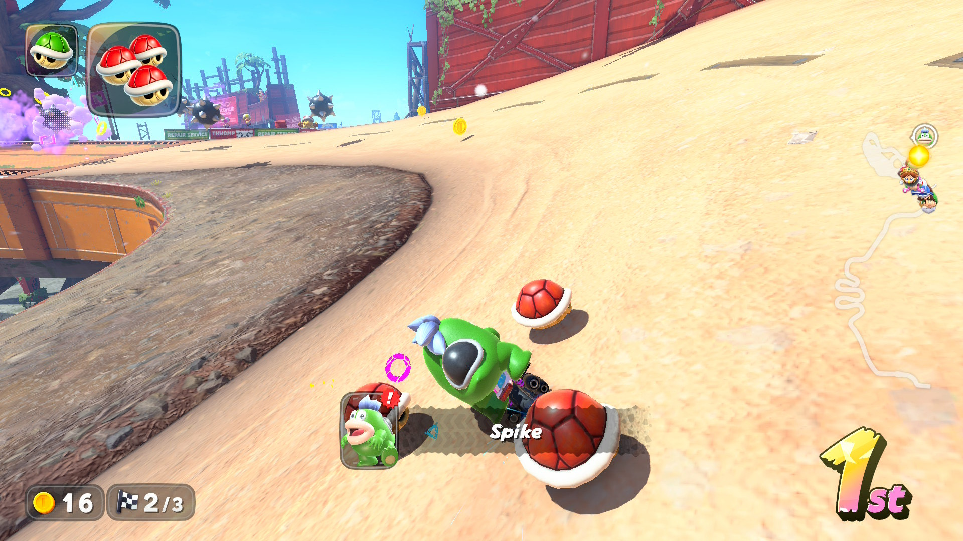 The Kamek item in Mario Kart World can you transform you into various different creature characters from the Mario series — Spike, in this instance.