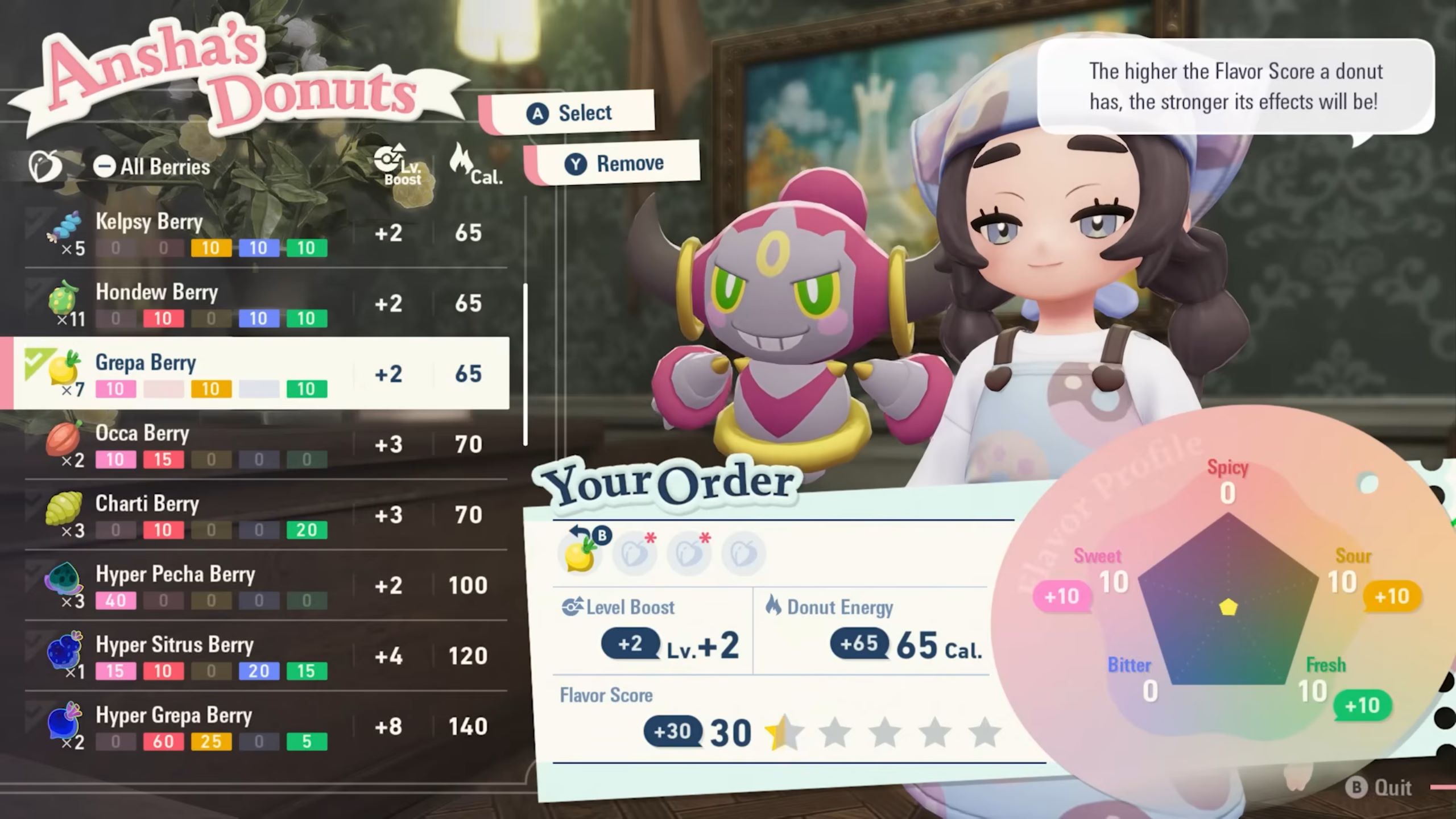 You can make donuts with Ansha by giving her different sorts of berries. The donuts are necessary so that Hoopa can open up dimensions for players to enter Hyperspace Lumiose.