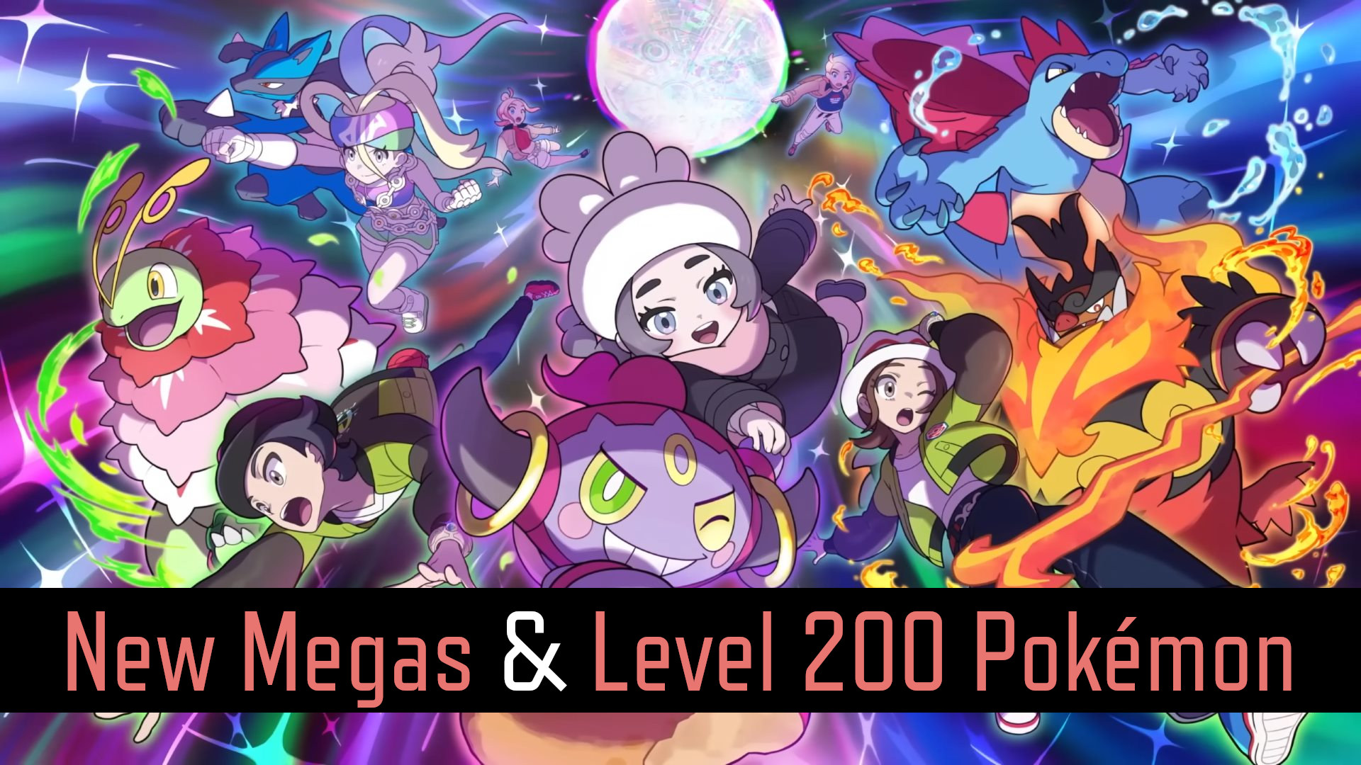 The key art for Pokémon Legends: Z-A’s DLC, Mega Dimensions, which includes Ansha, Korrina, the three starter Mega Evolutions, and the rivals.