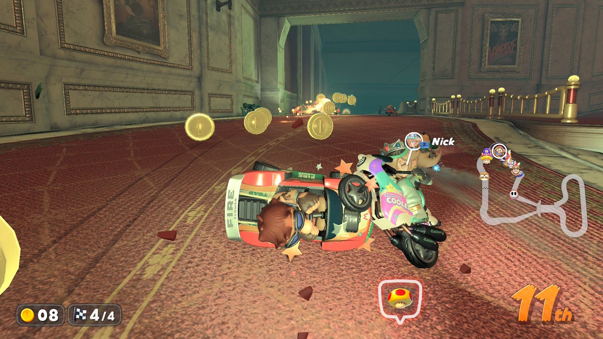 Mario and Rosalina both tipped over after being hit by various different items, dropping down various placements in the process.