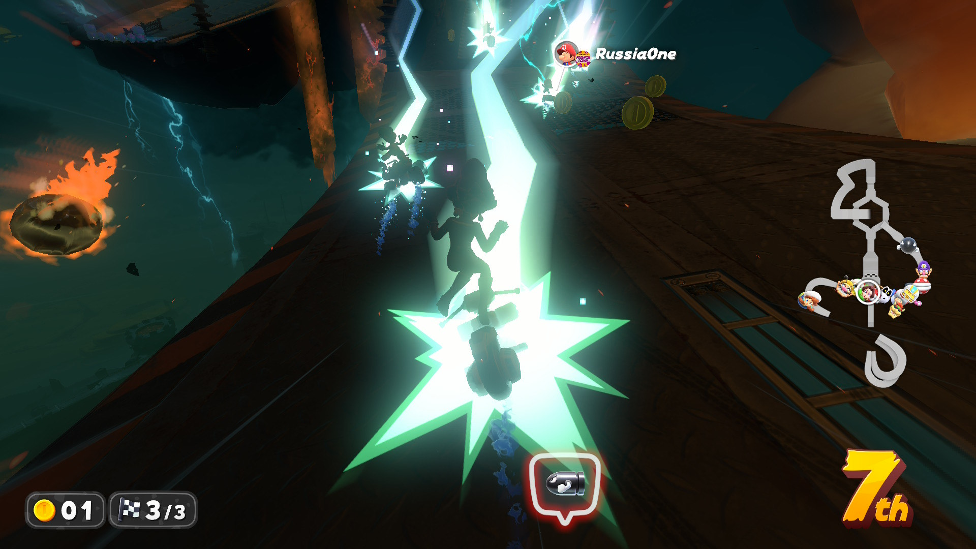 Pauline being shocked by a Lightning item, which shrinks everyone down and drops certain items of theirs on the course.