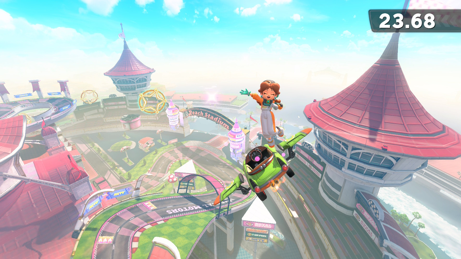 Daisy flying around Peach Stadium to complete a P-Switch mission.