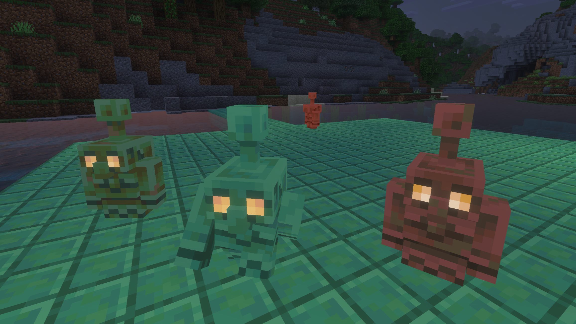 A look at all four variants of the Copper Golem, each representing a different stage of copper oxidation.