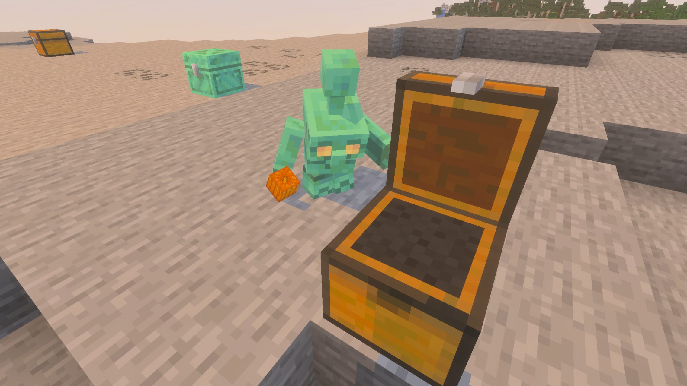 Copper Golems transport items stored within a copper chest to nearby wooden chests. They will store the item if the chest is empty or if it has a copy of the same item that they are holding.