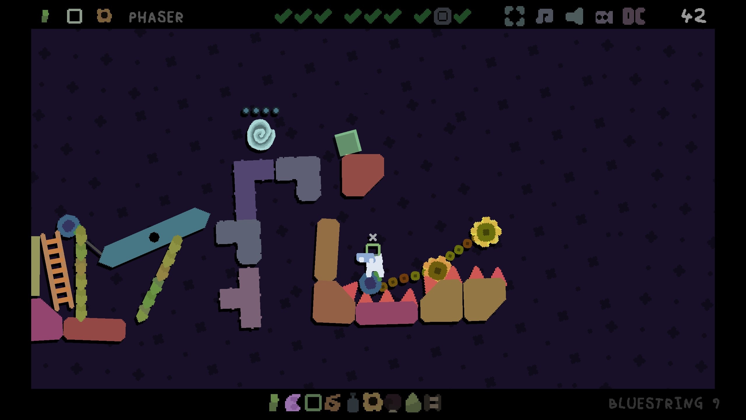 You may need to use every tool in your arsenal to get every last fruit in Mosa Lina. Standing on top of a blueberry, the phaser tool here helps the player get back to where the vortex is.