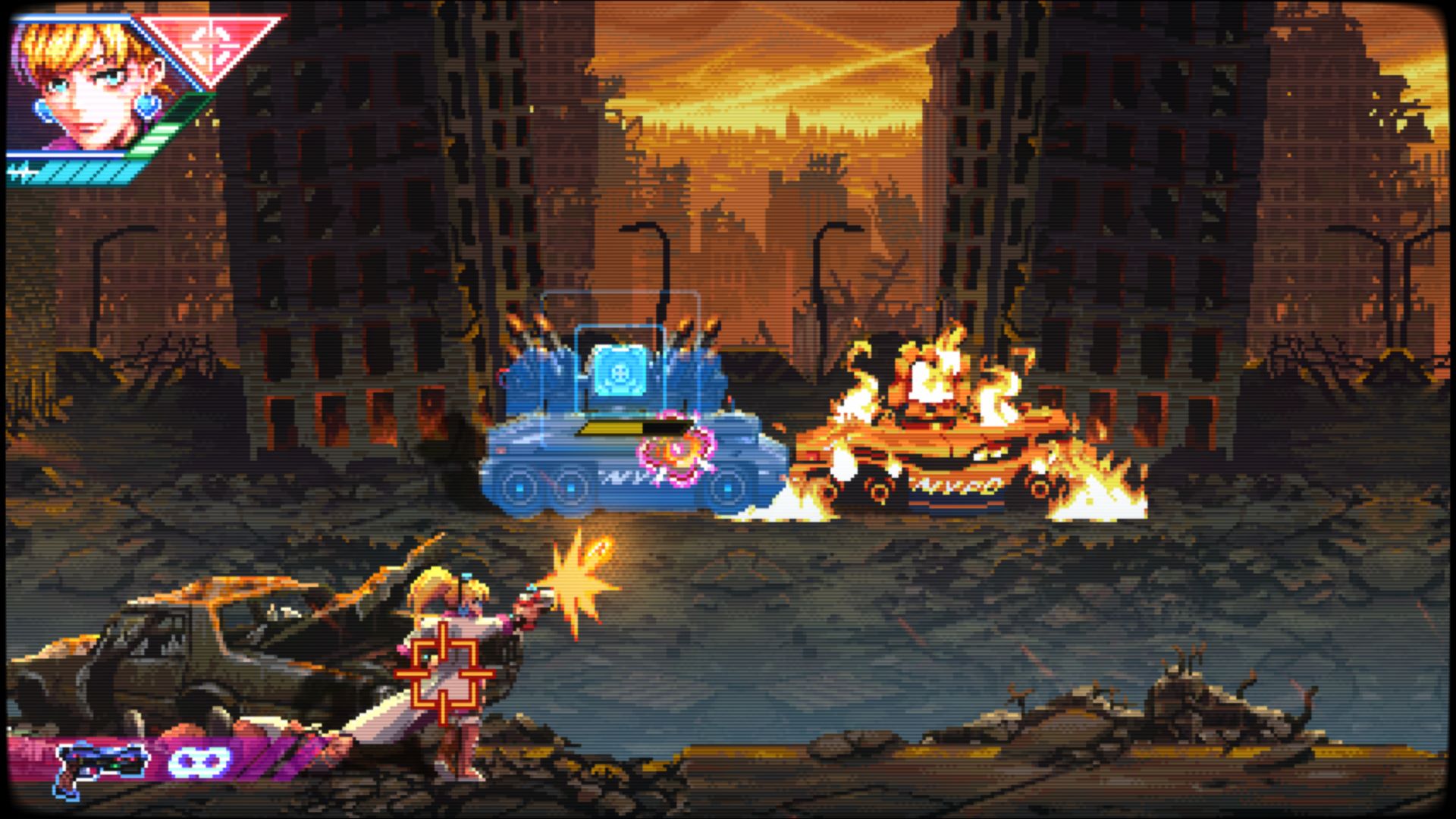 Double tanks shooting at the player from the background. Multiple planes of shooting is one of the game’s unique appeals.