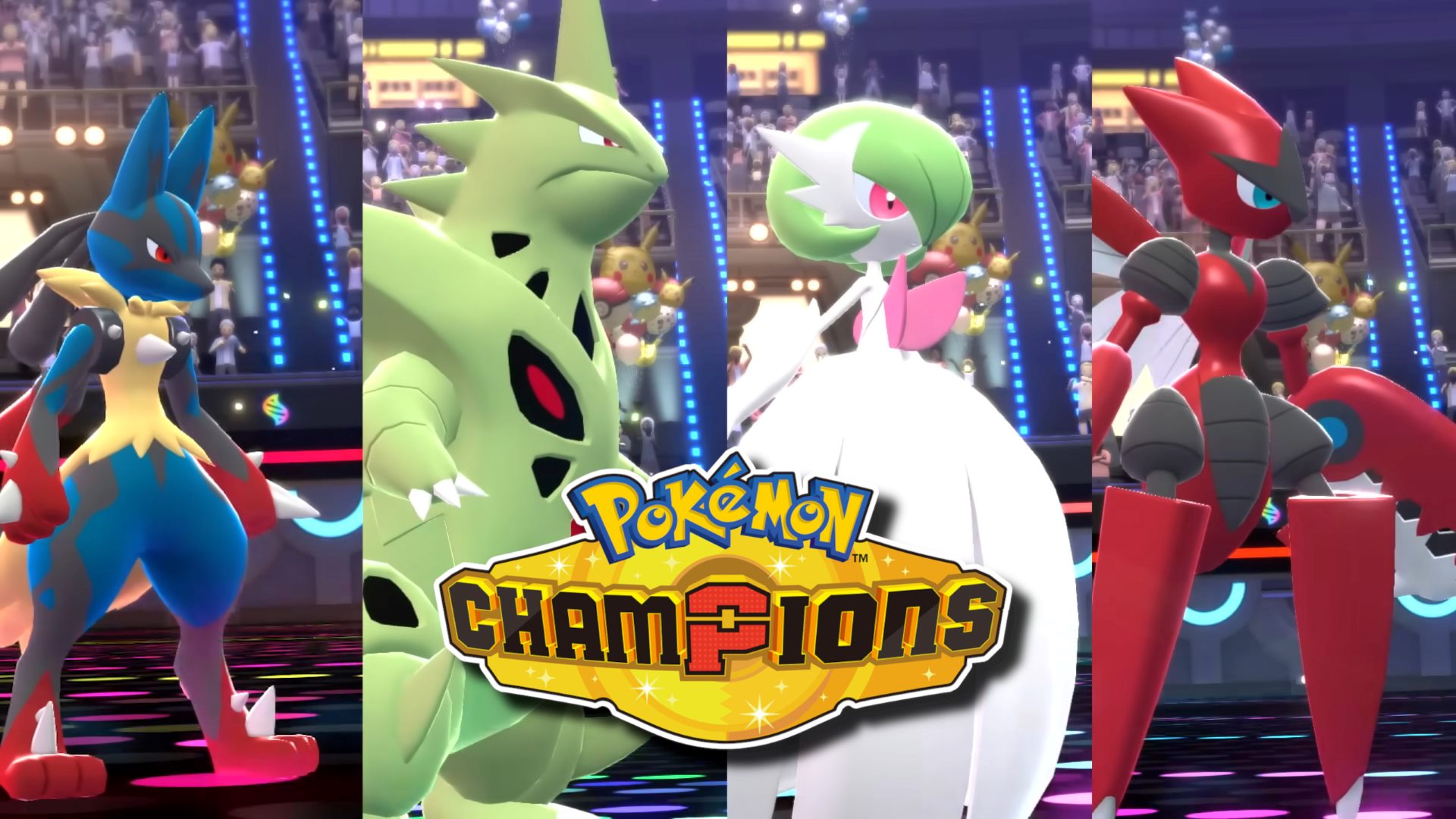 A lineup of 4 of the Mega Evolutions shown off in the Pokémon Champions trailer that was revealed in the 2025 Pokémon World Championships closing ceremony.