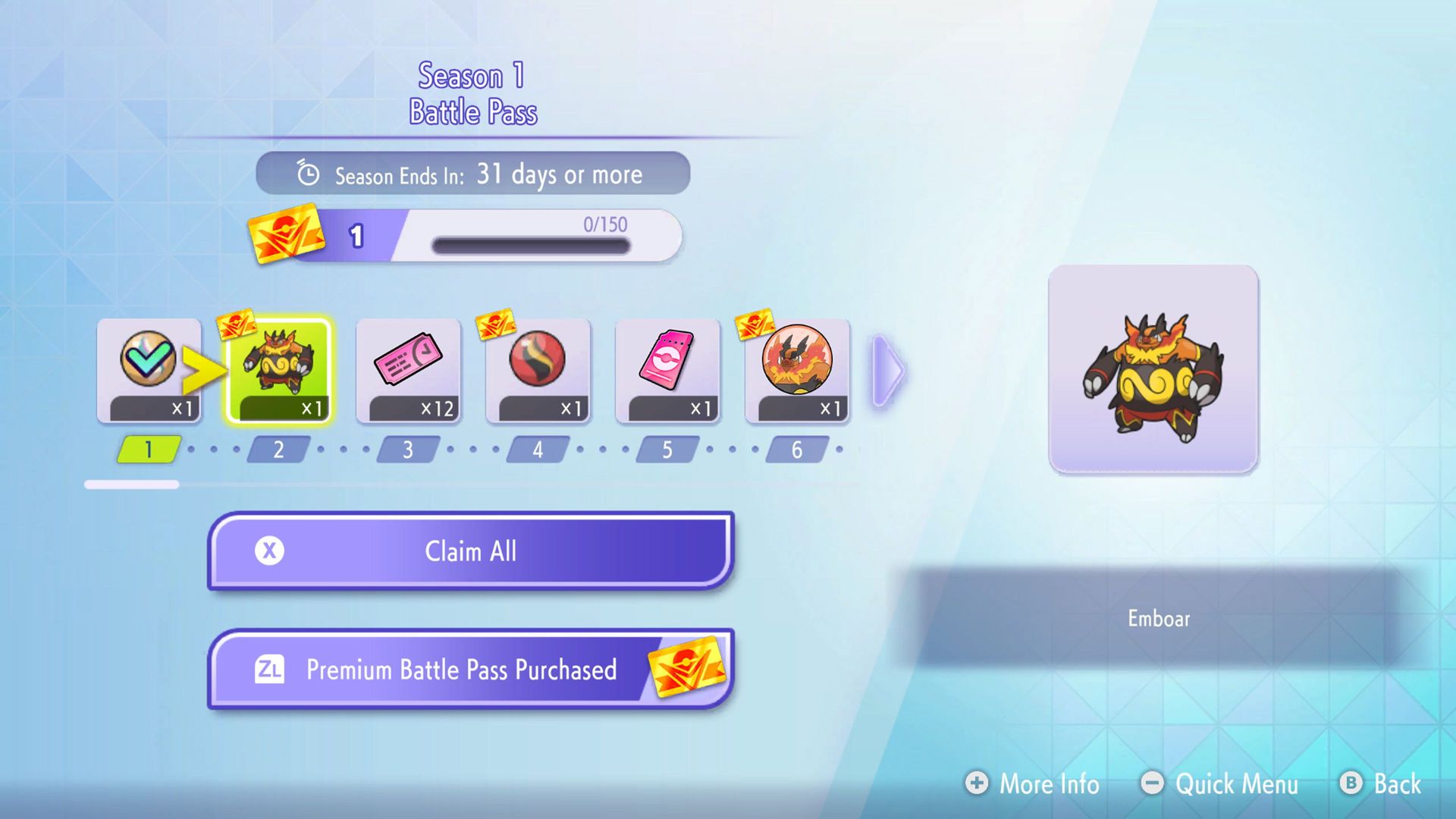 A preview of the Season 1 battle pass in Pokémon Champions, which includes an early Emboarite.
