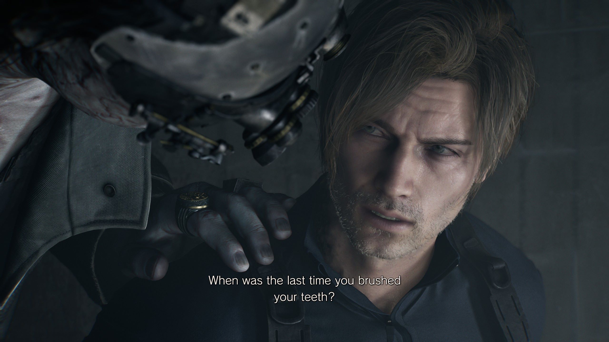 Leon S. Kennedy making fun of Victor Gideon, who has him held captive.