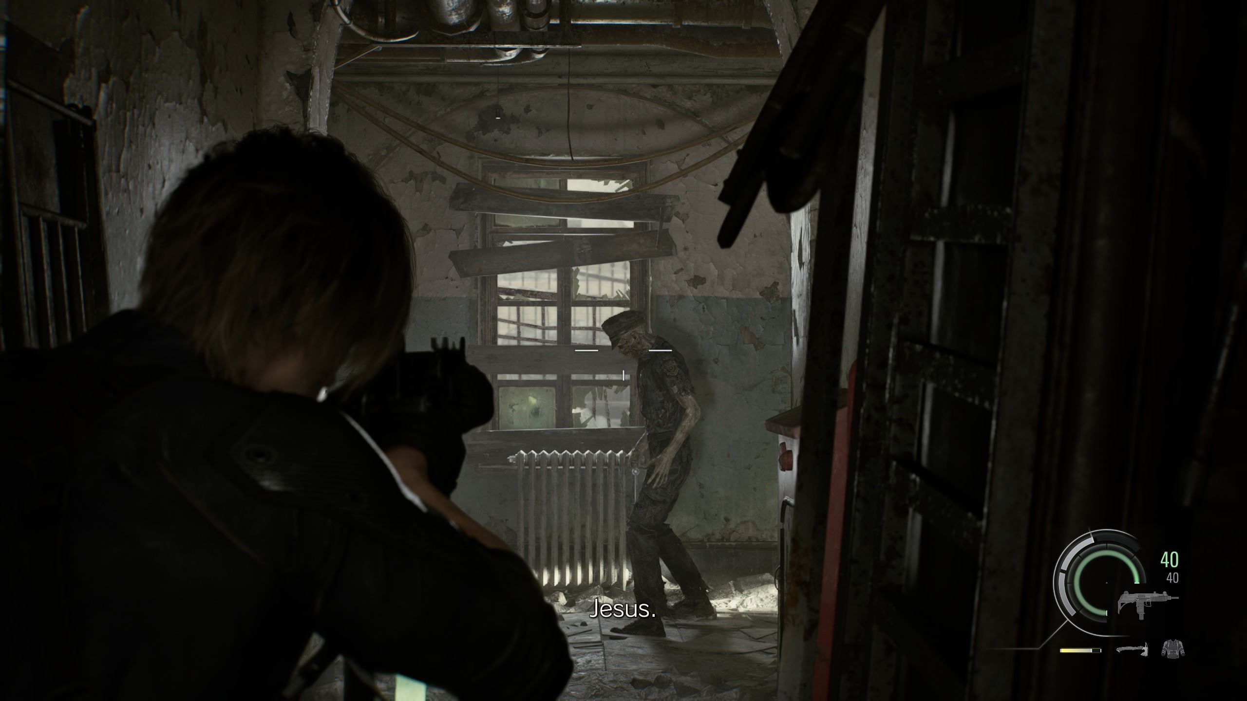 Leon and his big return to the RPD, pointing a submachine gun at one of few surviving police zombies.