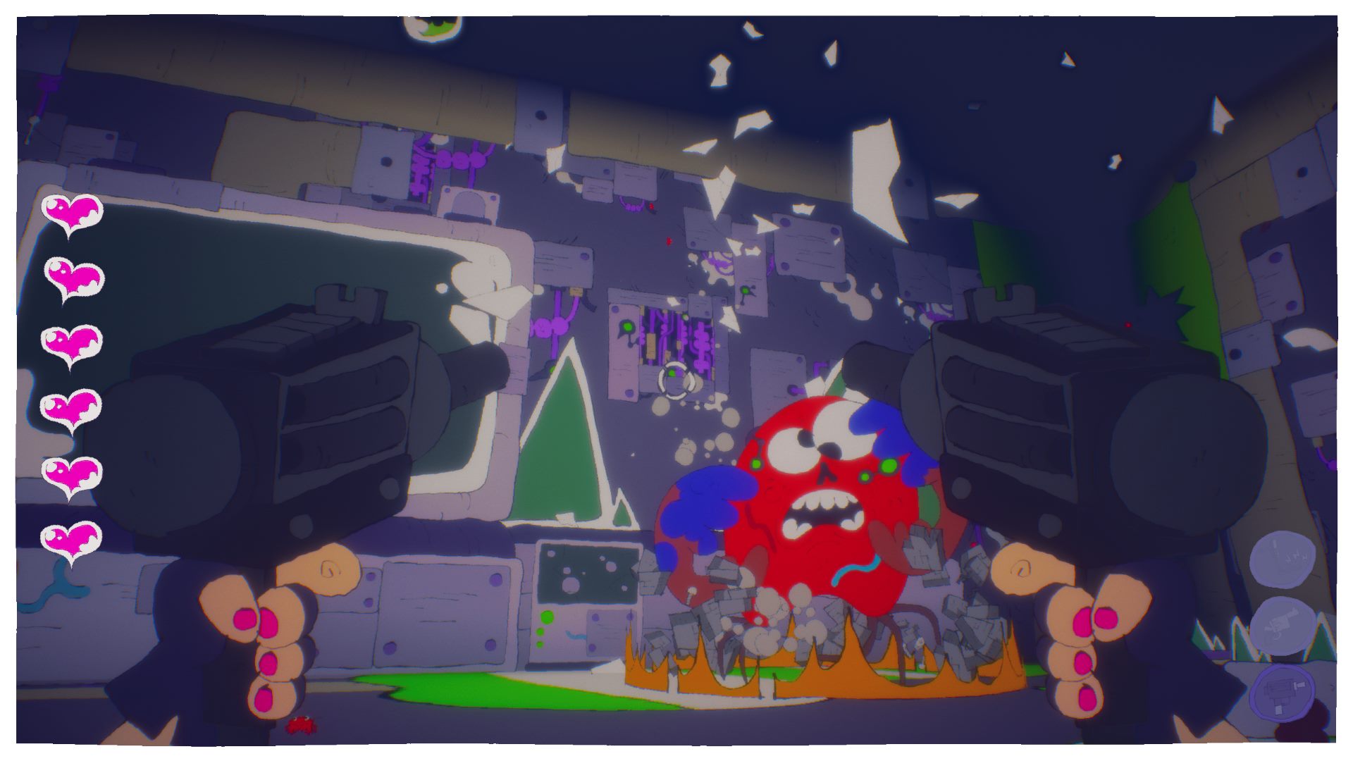 A crab boss, Shooty wielding two guns, a robot lab. The charm of the artstyle never wears off. Everything looks gorgeously distinct.