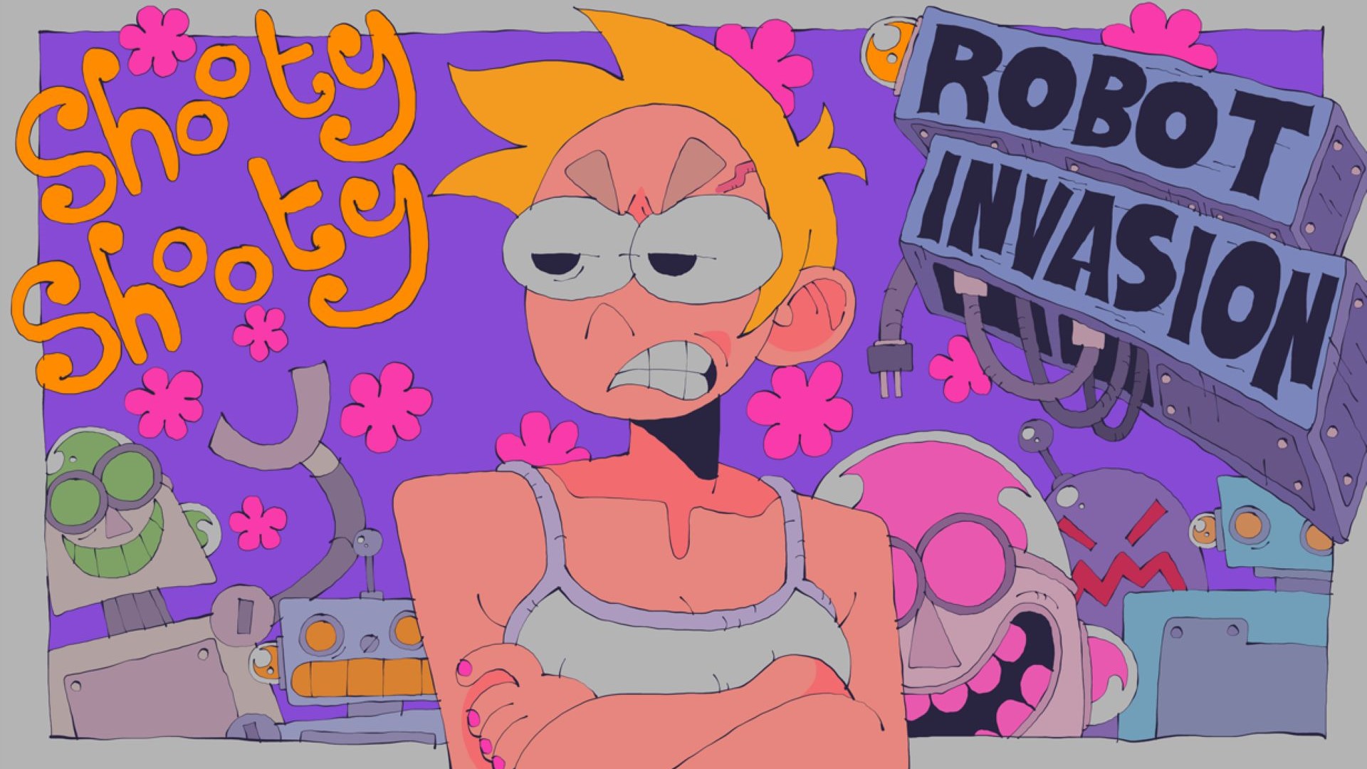 Promo art for Shooty Shooty Invasion, including Hannah aka Shooty, the main protagonist.