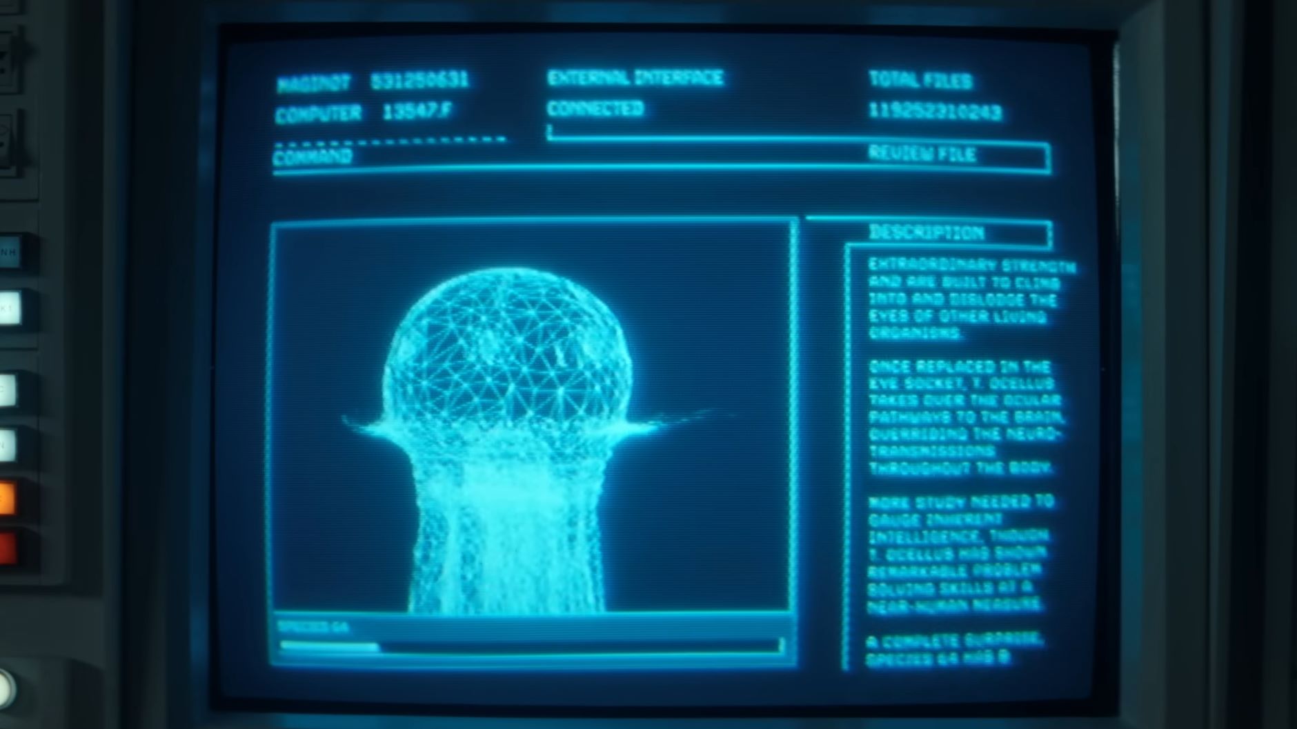 The eyeball alien notably uses a cat as a host, popping out of its eye. Here is a written log that explains the alien somewhat.