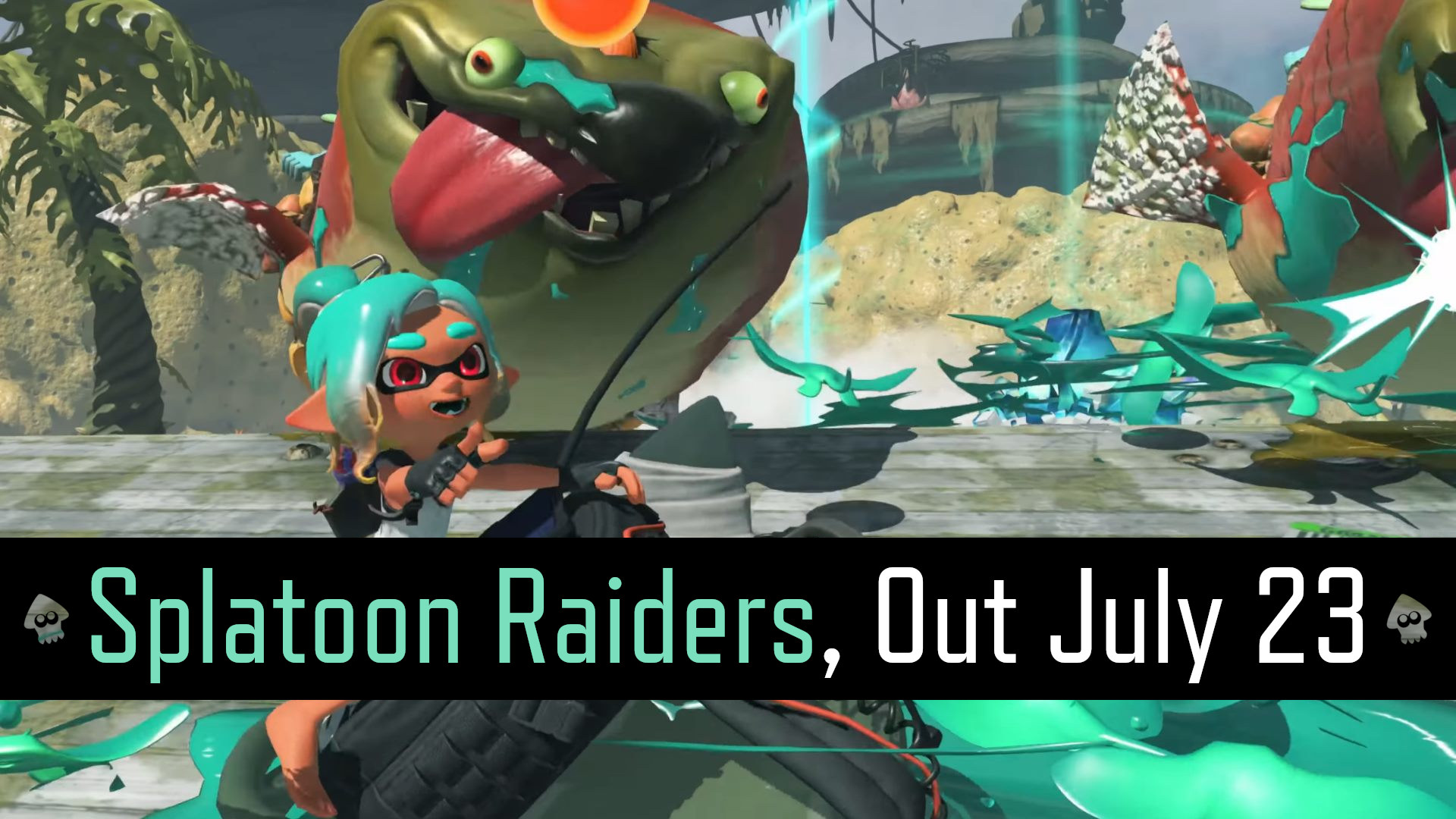 The playable character in Splatoon Raiders riding on top of Big Wave, dealing damage to Salmonids in the process.