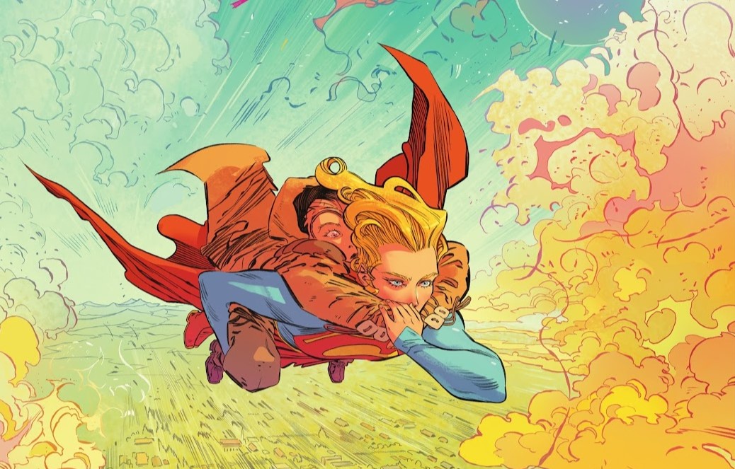 Supergirl flying in the air with Ruthye on her back, getting out of Maypole.