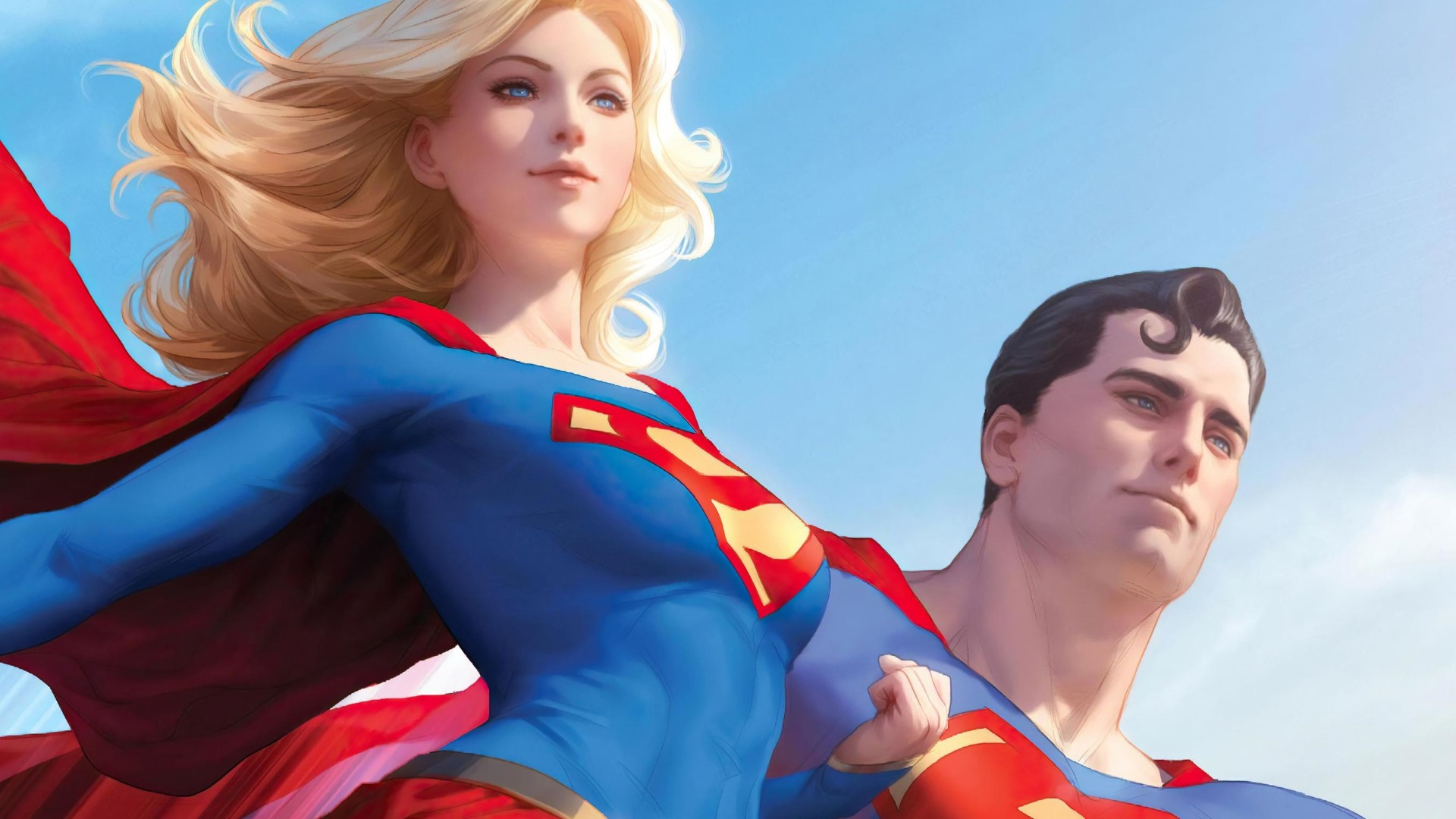 Superman and Supergirl flying, art by Artgerm.