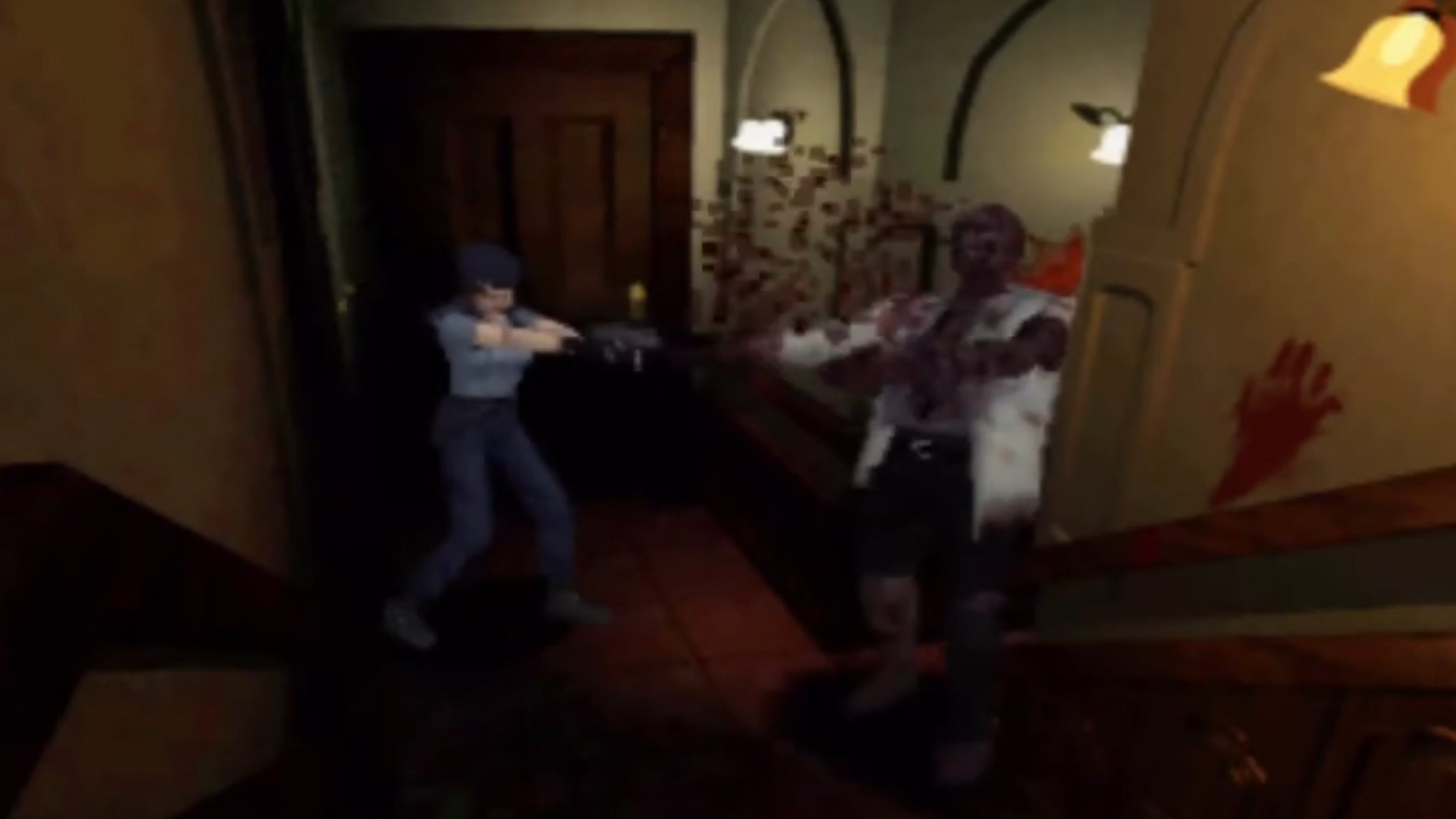 Jill encountering and shooting at a zombie in the original Resident Evil. Image taken from CryptnKnight’s YouTube channel.