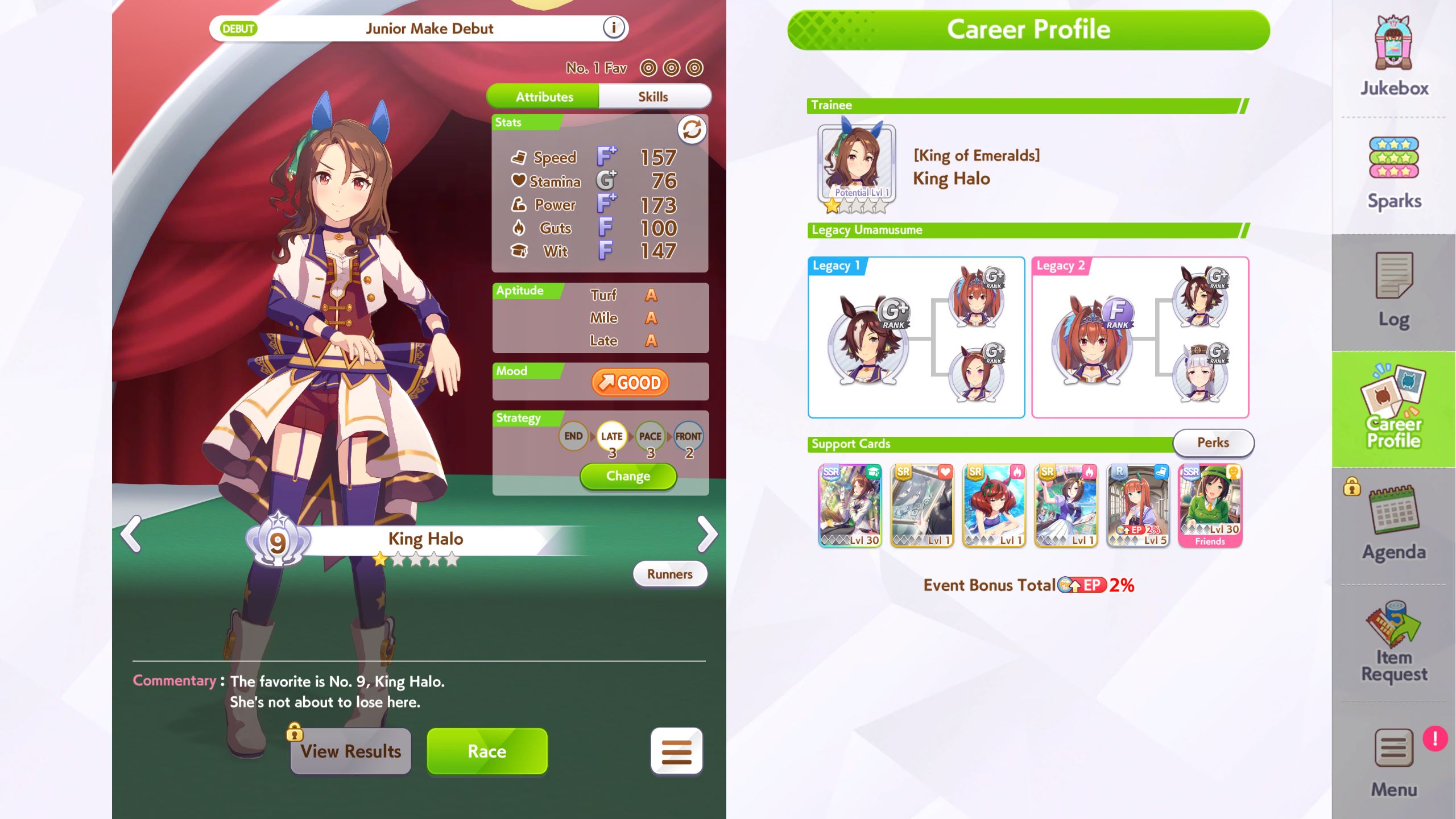 A look at Umamusume: Pretty Derby's general interface on Steam/PC. In this image, King Halo can be seen in her Junior Make Debut, a constant in Career playthroughs.
